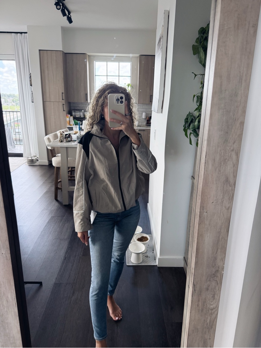 Yousify Light Beige Bomber Jacket with Black Shoulder Accents (Size Small)